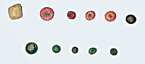 கீழடி அகழாய்வில் பல வண்ணங்களில் கண்டெடுக்கப்பட்ட கண்ணாடி மணிகள்.