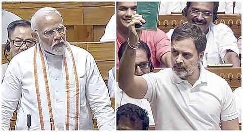 மக்களவையில் நேற்று நடந்த விவாதத்தின்போது பேசிய பிரதமர் மோடி, எதிர்க்கட்சி தலைவர் ராகுல் காந்தி.படங்கள்: பிடிஐ