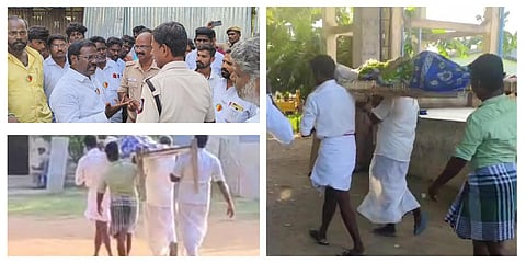 பாமகவினருடன் பேச்சுவார்த்தை நடத்தும் காவல்துறை அதிகாரி மற்றும் திருநந்திபுரம் வாக்குச்சாவடிக்கு கட்டிலில் படுத்தப்படி வாக்களிக்க வந்த மூதாட்டி.