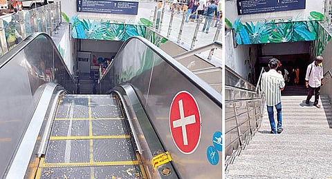 ராஜீவ்காந்தி அரசு மருத்துவமனைக்கு வெளியே உள்ள சுரங்கப் பாதையில் அமைக்கப்பட்டுள்ள நகரும் படிக்கட்டுகள் பழுதாகி நிற்பதால் பொதுமக்கள், நோயாளிகள் படிக்கட்டில் ஏறி செல்கின்றனர்.