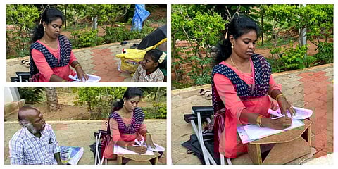 தஞ்சை மாவட்ட ஆட்சியர் அலுவலகம் முன்பாக பொதுமக்களுக்கு மனுக்கள் எழுதி கொடுத்து வரும் மாற்றுத்திறனாளி சத்யா |  படங்கள்: ஆர்.வெங்கடேஷ்.