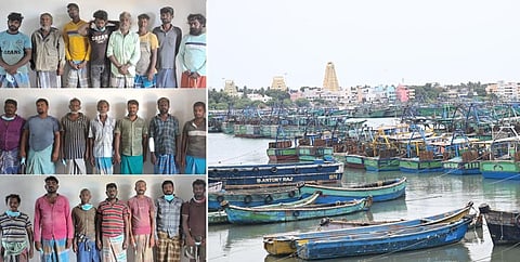 இலங்கை கடற்படையினரால் கைது செய்யப்பட்ட 22 மீனவர்கள். (அடுத்தப்படம்) ராமேசுவரம் மீன்பிடித் துறைமுகம்.