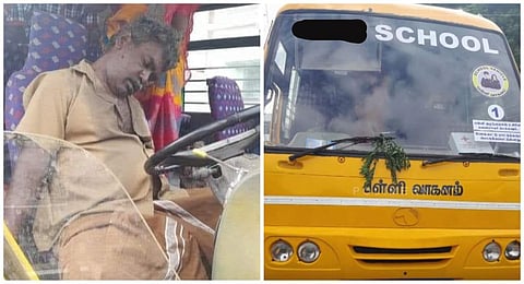 மாரடைப்பு ஏற்பட்ட நிலையில் பள்ளி வேனை சாலையோரம் நிறுத்திவிட்டு உயிரிழந்த ஓட்டுநர் சேமலையப்பன்.