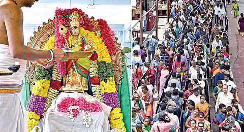 ஆடி கிருத்திகையையொட்டி, சென்னை வடபழனி முருகன் கோயிலில் ராஜ அலங்காரத்தில் அருள்பாலித்த உற்சவர். (அடுத்த படம்) சுவாமி தரிசன ம் செய்ய நீண்ட வரிசையில் காத்திருந்த பக்தர்கள் . 

| படங்கள்: ம.பிரபு |