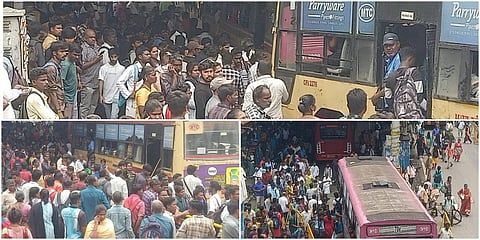 பராமரிப்புப் பணி காரணமாக மின்சார ரயில் சேவைகள் ரத்து செய்யப்பட்டதால் தாம்பரம் பேருந்து நிலையத்தில் அலைமோதும் மக்கள் கூட்டம்