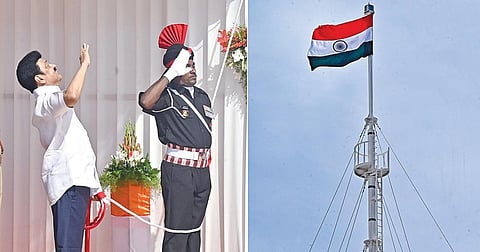 78-வது சுதந்திர தினத்தையொட்டி, சென்னை புனித ஜார்ஜ் கோட்டை கொத்தளத்தில் தேசியக் கொடியை ஏற்றிவைத்து முதல்வர் ஸ்டாலின் மரியாதை செலுத்தினார்.படம்: ம.பிரபு