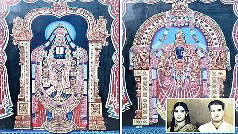 ஓவியர் ரங்கமணி வரைந்த ஏழுமலையான், பத்மாவதி தாயார் படங்கள் | உள்படம்: மனைவி மைதிலியுடன் ஓவியர் ரங்கமணி