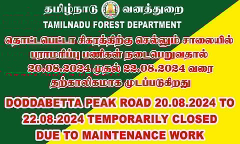 தொட்டபெட்டா சிகரம் செல்ல ஆக.22 வரை வனத் துறை தடை விதிப்பு