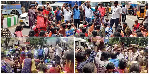 நகர்ப்புற வாழ்விட மேம்பாட்டு வாரிய வீடுகளை இலவசமாக வழங்க கோரி சென்னை கண்ணப்பர் திடல் பகுதியில் ஆர்ப்பாட்டத்தில் ஈடுபட்ட பொதுமக்கள்.