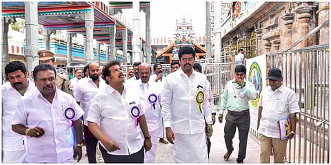 பழநி முருகன் கோயிலில் பக்தர்களுக்காக செய்யப்பட்டுள்ள வசதிகள் குறித்து ஆய்வு மேற்கொண்ட சட்டமன்ற பேரவை ஏடுகள் குழுவினர்.