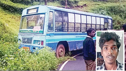 கூடலூர் அருகே கடத்திச் செல்லப்பட்ட அரசுப் பேருந்து. (உள்படம்) கைது செய்யப்பட்ட ரிஷால்.