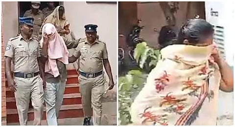 பாலியல் வழக்கில் கைதான மருத்துவர் சாம்சன் டேனியல் மற்றும் குற்றத்தை தடுக்கத்தவறி உடந்தையாக இருந்ததாக கைது செய்யப்பட்ட அவரது தாயாரும் தலைமை ஆசிரியருமான கிரேஸ் சகாயராணி ஆகிய இருவரையும் திருச்சி நீதிமன்றத்திலிருந்து சிறைக்கு அழைத்துச் செல்லும் போலீஸார்.