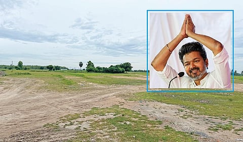 விக்கிரவாண்டி அருகே வி.சாலை பகுதியில் மாநாடு நடத்த அனுமதி கோரியுள்ள இடம். | உள்படம்: விஜய்