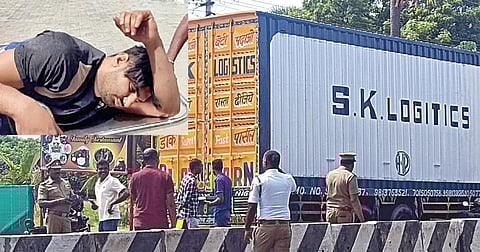 நாமக்கல் மாவட்டம் குமாரபாளையம் அருகேயுள்ள சன்னியாசிப்பட்டியில் போலீஸார் மடக்கிப் பிடித்த கன்டெய்னர் லாரி. (உள்படம்) போலீஸ் துப்பாக்கிச் சூட்டில் காயமடைந்த அஜார் அலி.