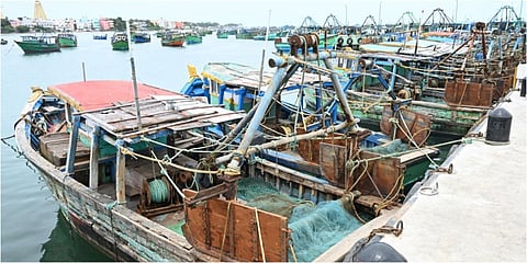 ராமேசுவரம் மீன்பிடி இறங்குதளத்தில் வேலை நிறுத்தம் காரணமாக நிறுத்தப்பட்டிருந்த படகுகள்