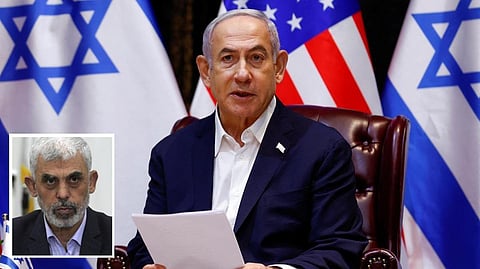 இஸ்ரேல் பிரதமர் பெஞ்சமின் நெதன்யாகு (வெளிப்படம்); உள்படம் - ஹமாஸ் தலைவர் யஹ்யா சின்வர்