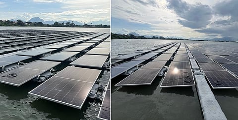 கோவை உக்கடம் பெரியகுளத்தில், மிதக்கும் சூரிய ஒளி மின் உற்பத்தி மையம் அமைக்கப்பட்டு வருகிறது. இதற்காக மிதக்கும் வகையில் பொருத்தப்பட்டுள்ள பேனல்கள். படம்: ஜெ.மனோகரன்.