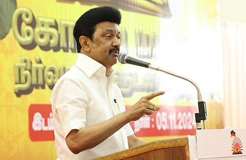 கோவையில் நேற்று நடந்த திமுககட்சிக் கூட்டத்தில் பேசிய முதல்வர் ஸ்டாலின்.