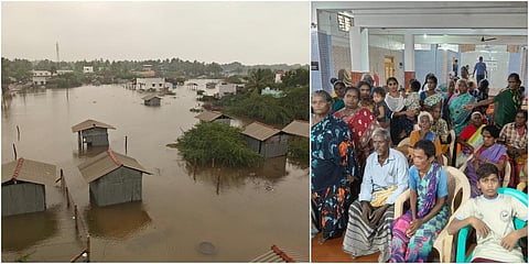 ராமேசுவரத்தில் பெய்த கனமழையால் குடியிருப்பு பகுதிகளில் தண்ணீர் புகுந்ததால் மீனவ குடும்பத்தினர் பாம்பனில் உள்ள நிவாரண முகாமில் தங்க வைக்கப்பட்டுள்ளனர்.