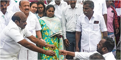 தஞ்சாவூர் உக்கடை பகுதியில் கனமழையால் மூழ்கிய நெற்பயிர்களை  ஆய்வு செய்த அமைச்சர்கள் எம்.ஆர்.கே. பன்னீர்செல்வம், கோவி செழியனிடம்  நெற்பயிர்களை காண்பித்த விவசாயிகள் | படங்கள்:  ஆர். வெங்கடேஷ்.