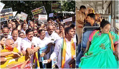 வங்கதேசத்தில் இந்துக்கள் மீது நடத்தப்படும் தாக்குதலைக் கண்டித்து சென்னையில் ஆர்ப்பாட்டத்தில் ஈடுபட்ட பாஜகவினரை போலீஸார் கைது செய்தனர்.