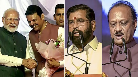 மகாராஷ்டிர முதல்வராக தேவேந்திர ஃபட்னாவிஸ், துணை முதல்வர்களாக ஷிண்டே, அஜித் பவார் பதவியேற்பு