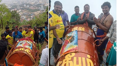 தி.மலை தீபத் திருவிழா: அண்ணாமலை உச்சியை அடைந்த மகா தீபக் கொப்பரை! - கொட்டும் மழையில் பயணம்