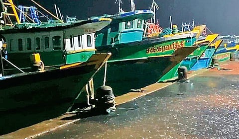 நாகை துறைமுகத்துக்கு நேற்று அதிகாலையில் திரும்பிய படகுகள்.