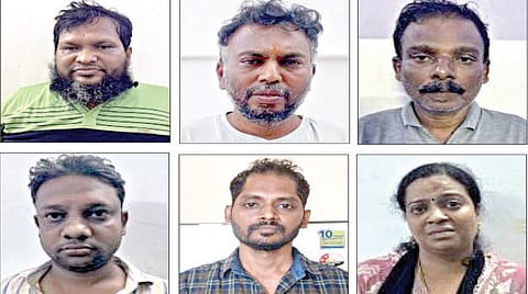 போதை பொருள் கடத்தல் வழக்கில் கைது செய்யப்பட்ட சாகுல் ஹமீத், முருகன், லாரன்ஸ்,  சரத்குமார், லட்சுமி நரசிம்மன், ஜான்சி மெரிடா