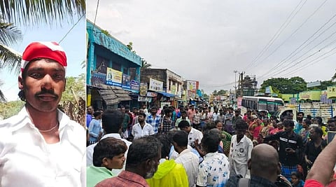 கொலை செய்யப்பட்ட நம்புக்குமார் | ராமேசுவரம் அரசு மருத்துவமனை முன்பு நடைபெற்ற சாலை மறியல்.