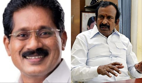செந்தில்குமார் (இடது), அமைச்சர் முத்துசாமி (வலது)