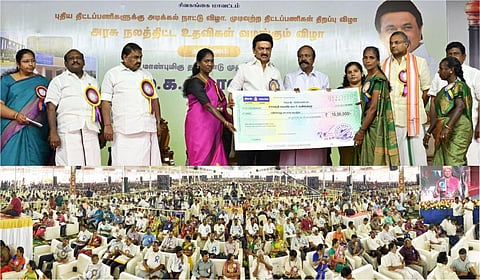 சிவகங்கையில் நடந்த அரசு விழாவில் பயனாளிகளுக்கு தமிழக முதல்வர் மு.க.ஸ்டாலின் நலத்திட்ட உதவிகளை வழங்கினார்.