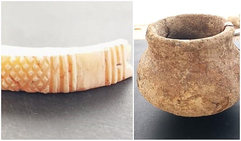 வெம்பக்கோட்டை அகழாய்வில் சுடுமண் குடுவை, முத்திரை, சங்கு வளையல்கள் கண்டெடுப்பு