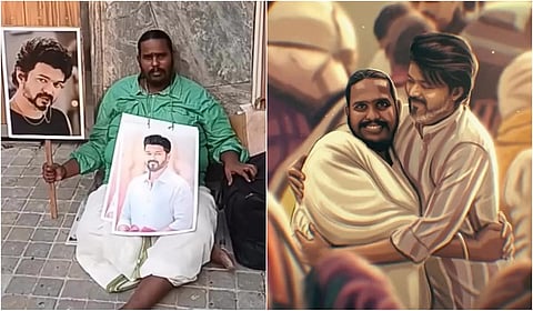 நடைபயணமாக பார்க்க வந்த கேரள ரசிகருடன் விஜய் சந்திப்பு