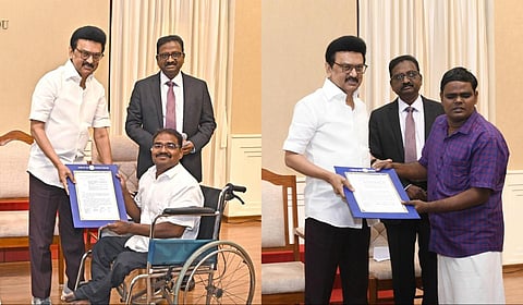 மாற்றுதிறனாளி விரிவுரையாளர்கள் பணியிடத்துக்கான பணி நியமன ஆணைகளை முதல்வர் ஸ்டாலின் வழங்கினார்.