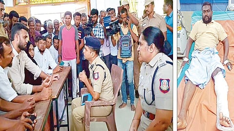 கொலை செய்யப்பட்ட உதவி ஆய்வாளர் உறவினர்களுடன் பேச்சுவார்த்தை நடத்திய காவல் அதிகாரிகள். (அடுத்த படம்) நெல்லை அரசு மருத்துவமனையில் சேர்க்கப்பட்டுள்ள முகமது தவுபிக் | படங்கள்: மு.லெட்சுமி அருண்