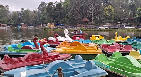 கொடைக்கானலில் பெய்த சாரல் மழையால் படகு குழாமில் நிறுத்திவைக்கப்பட்டிருந்த படகுகள்.