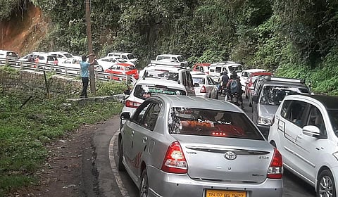 போக்குவரத்து நெரிசல் காரணமாக கொடைக்கானல் மலைச்சாலையில் பல கி.மீ., தூரத்துக்கு அணிவகுத்து நின்ற வாகனங்கள்.