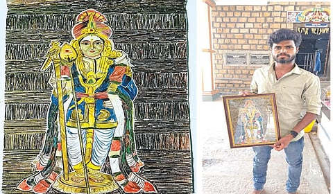 பறவை இறகுகளைக் கொண்டு உருவாக்கப்பட்ட முருகன் ஓவியம். அடுத்த படம்: முருகன் ஓவியத்துடன் சசிக்குமார்.