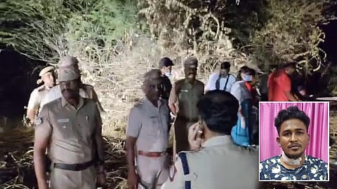 என்கவுன்ட்டர் நடைபெற்ற இடத்தில் போலீஸார் | உள்படம்: சுட்டுக் கொல்லப்பட்ட சுபாஷ் சந்திரபோஸ்