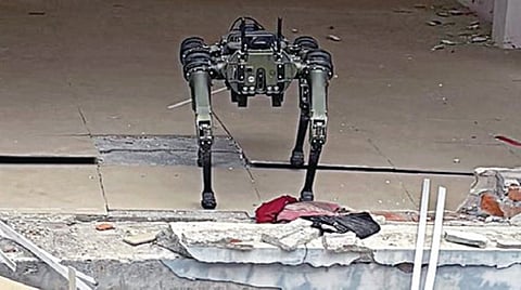 மியான்மரில் கட்டிட இடிபாடுகளில் உடல்களை தேடும் பணியில் ஈடுபட்டிருக்கும் ரோபோ.