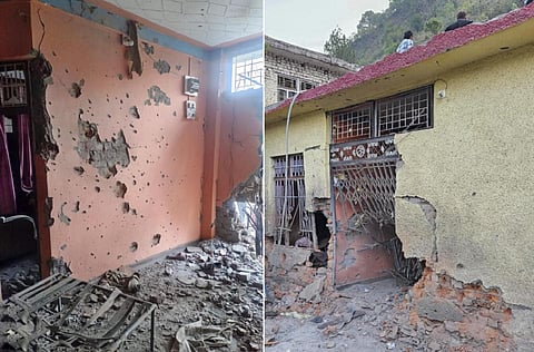 பாகிஸ்தான் பீரங்கி தாக்குதலில் இந்திய எல்லை கிராமங்களில் சேதமான வீடுகள்.