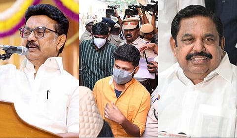 இடது: முதல்வர் ஸ்டாலின் | நடுவில்: பொள்ளாச்சி வழக்கு குற்றவாளிகள் | வலது: அதிமுக பொதுச் செயலாளர் எடப்பாடி பழனிசாமி