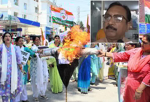 ம.பி. அமைச்சருக்கு எதிராக காங்கிரஸ் ஆர்ப்பாட்டம் | உள்படம்: ம.பி அமைச்சர் விஜய் ஷா