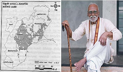 இடது: தமிழகத்தின் தென்மாவட்டங்களில் கரிசல் மண்பகுதி | வலது: எழுத்தாளர் கி.ராஜநாராயணன்