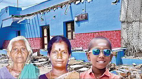 மதுரை திருப்பரங்குன்றம் அருகே மழையால் இடிந்து விழுந்த அம்மாபிள்ளை வீட்டு  திண்ணையின் மேற்கூரை. (உள்படம்) அம்மாபிள்ளை, வெங்கட்டி, வீரமணி