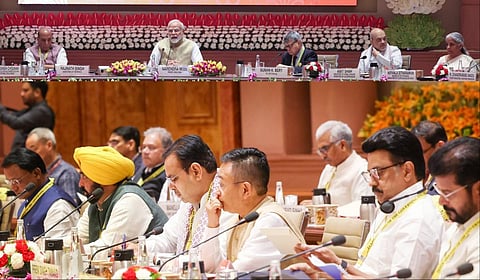 புதுடெல்லியில் பிரதமர் மோடி தலைமையில் நடந்த நிதி ஆயோக் கூட்டத்தில் தமிழக முதல்வர் மு.க.ஸ்டாலின் உள்ளிட்டோர் கலந்துகொண்டனர்.