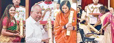 டெல்லியில் உள்ள குடியரசுத் தலைவர் மாளிகையில் நேற்று பத்ம விருதுகள் வழங்கப்பட்டன. நடிகை ஷோபனா, தொழிலதிபர் நல்லி குப்புசாமி, சாத்வி ரிதம்பரா ஆகியோருக்கு பத்ம பூஷண் விருதுகளை வழங்கினார் குடியரசுத் தலைவர் திரவுபதி முர்மு.