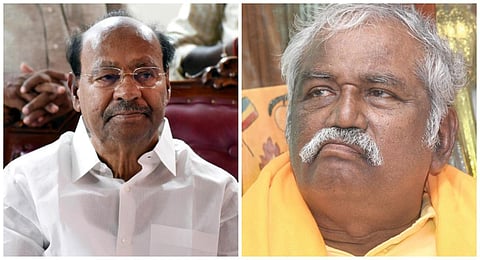 இடது: பாமக நிறுவனர் ராமதாஸ் | வலது: வன்னியர் சங்க தலைவரும், பாமக சட்ட திட்டங்களை வகுத்த குழுவில் இருந்தவருமான பு.தா.அருள்மொழி.