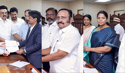 மாநிலங்களவைத் தேர்தலில் போட்டியிடும் திமுக வேட்பாளர்கள் பி.வில்சன், எஸ்.ஆர். சிவலிங்கம் மற்றும் ரொக்கையா மாலிக் ஆகியோர் தங்களது வேட்புமனுக்களை தாக்கல் செய்தனர்